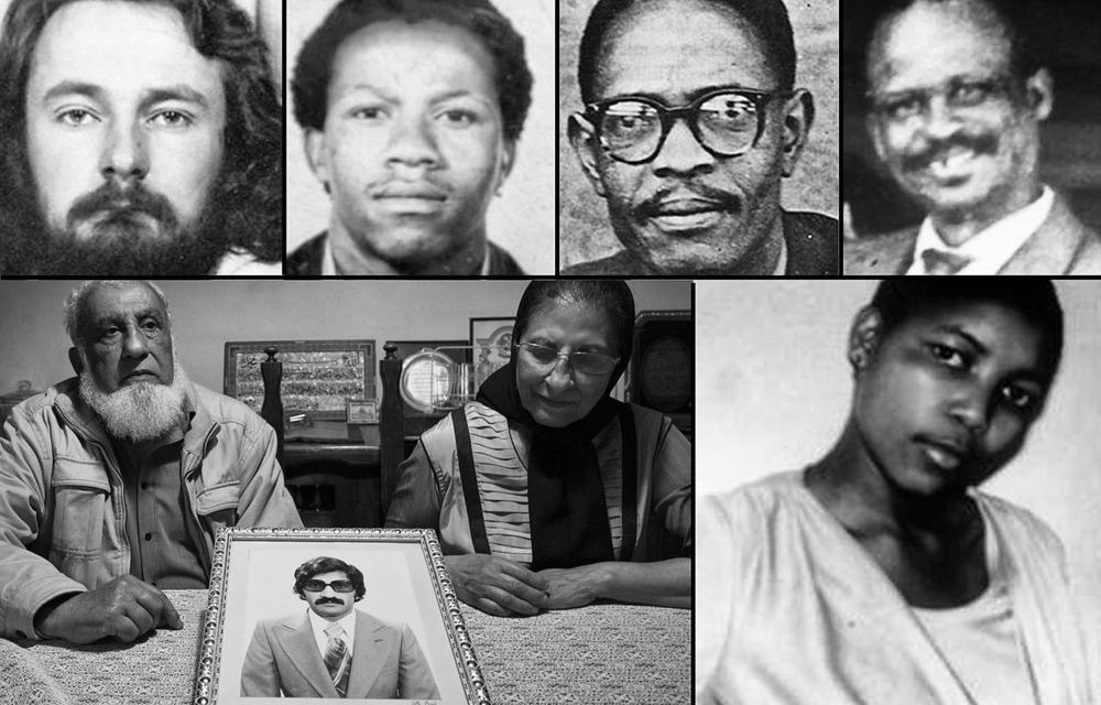 Ismail Haffejee and Sarah Lall with a portrait of their youngest brother, Hoosen Mia Haffejee who died while in police custody; Others believed to have died at the hands of the state (clockwise from top left) are Neil Aggett, Matthews Mabelane, Caleb Mayekiso, Nicodemus Kgoathe and Nokuthula Simelane