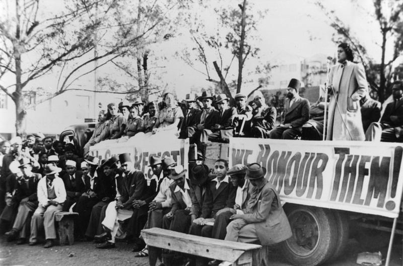 Mrs Z. Gool addressing a Passive Resistance meeting, Grey Street, Durban, 1946