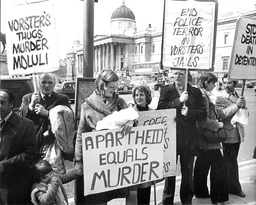 Picket by ANC and anti-apartheid supporters outside South Africa House protesting the death of Joseph Mdluli, 9th April 1976